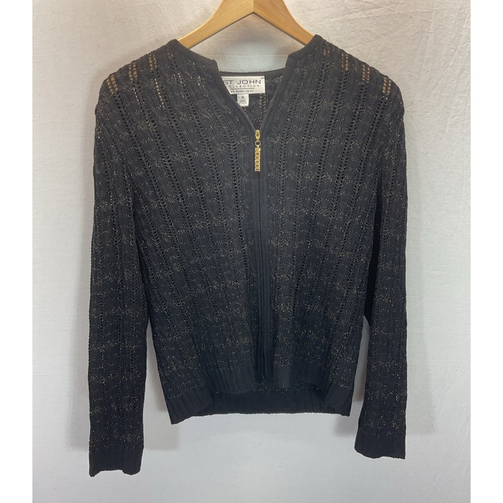 St. John Collection Marie Gray Full Zip Cardigan Size 6 Black Glitter Old Money